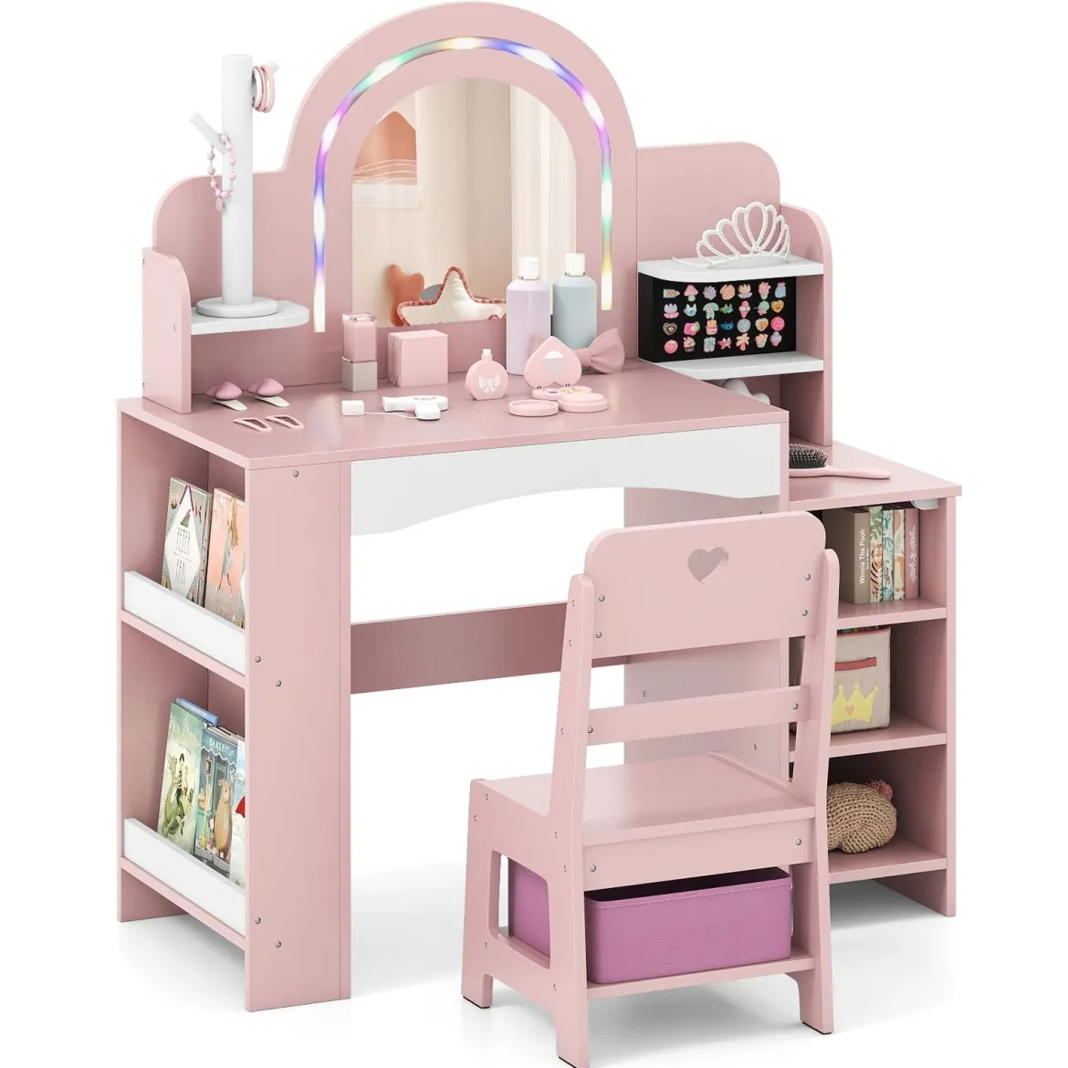 Kinderschminktisch mit Stuhl Spiegel & Beleuchtung Frisiertisch mit offenen Regalen Rosa