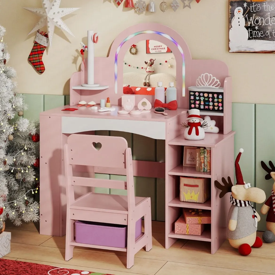 Kinderschminktisch mit Stuhl Spiegel & Beleuchtung Frisiertisch mit offenen Regalen Rosa