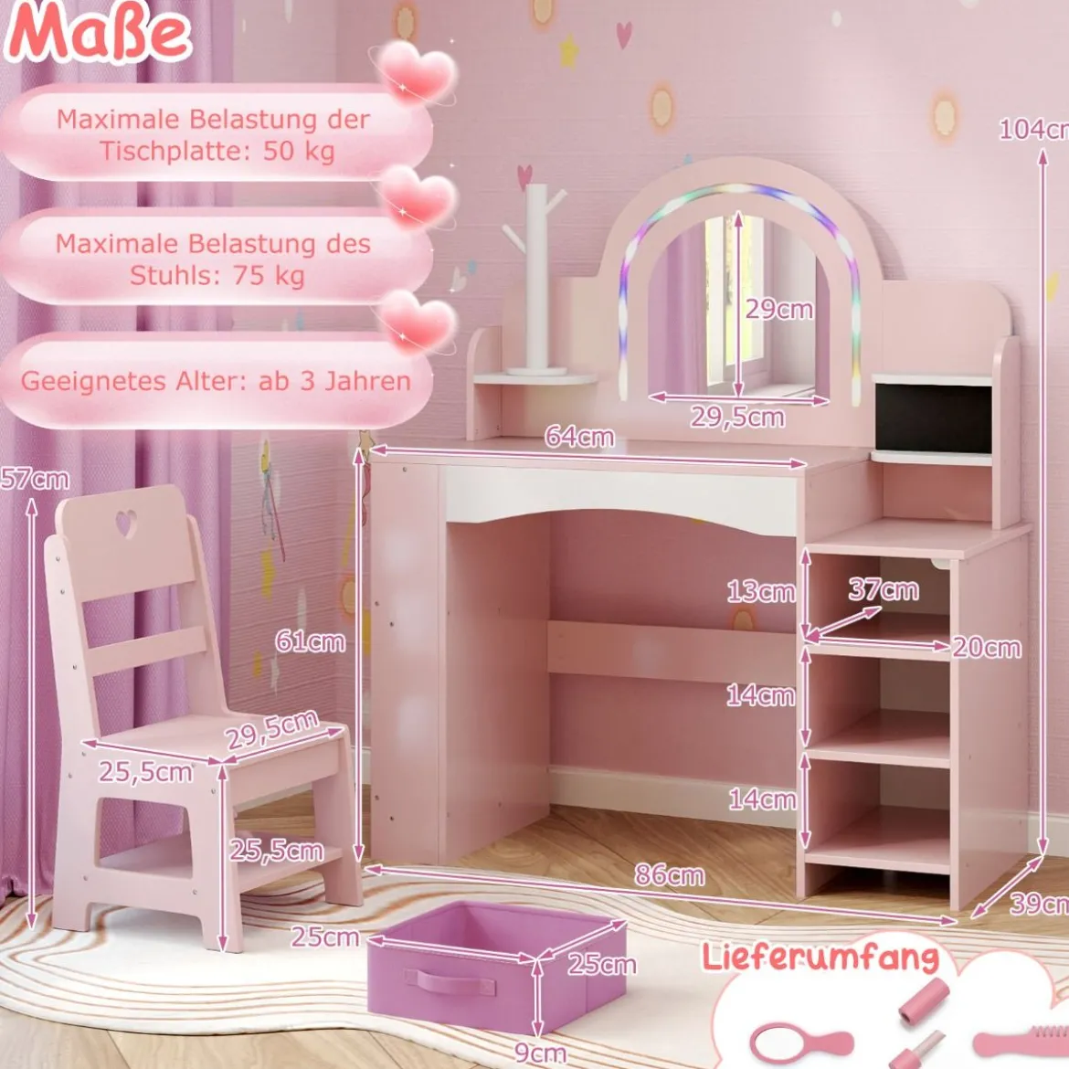 Kinderschminktisch mit Stuhl Spiegel & Beleuchtung Frisiertisch mit offenen Regalen Rosa