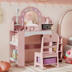 Kinderschminktisch mit Stuhl Spiegel & Beleuchtung Frisiertisch mit offenen Regalen Rosa