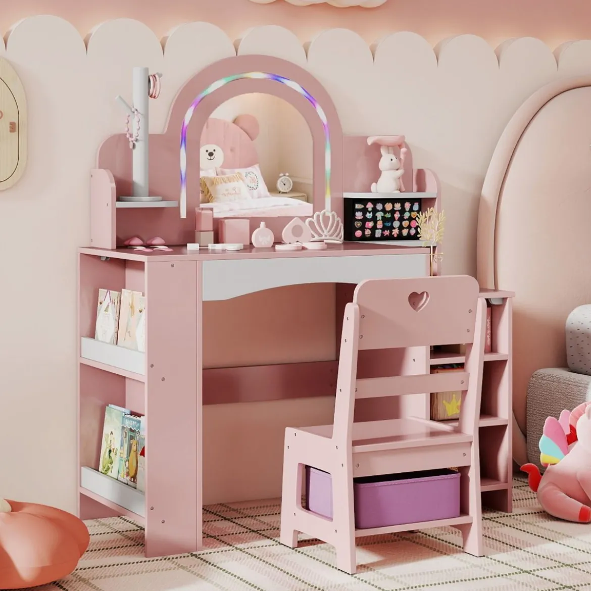 Kinderschminktisch mit Stuhl Spiegel & Beleuchtung Frisiertisch mit offenen Regalen Rosa
