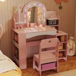 Kinderschminktisch mit Stuhl Spiegel & Beleuchtung Frisiertisch mit offenen Regalen Rosa