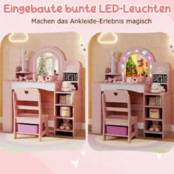 Kinderschminktisch mit Stuhl Spiegel & Beleuchtung Frisiertisch mit offenen Regalen Rosa