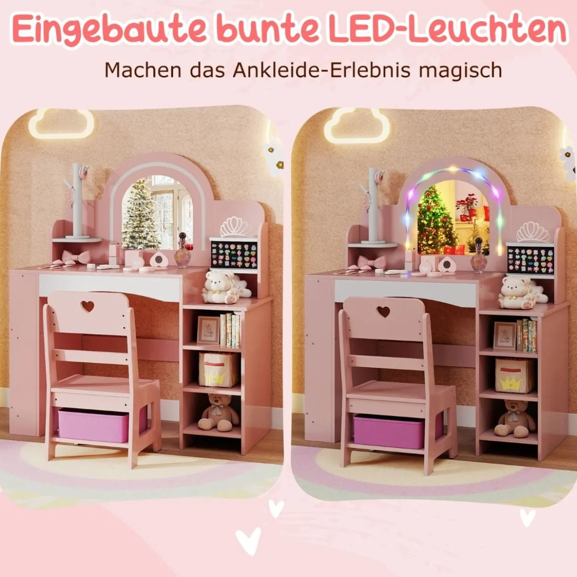 Kinderschminktisch mit Stuhl Spiegel & Beleuchtung Frisiertisch mit offenen Regalen Rosa