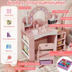 Kinderschminktisch mit Stuhl Spiegel & Beleuchtung Frisiertisch mit offenen Regalen Rosa