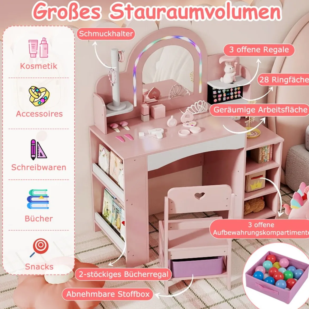 Kinderschminktisch mit Stuhl Spiegel & Beleuchtung Frisiertisch mit offenen Regalen Rosa