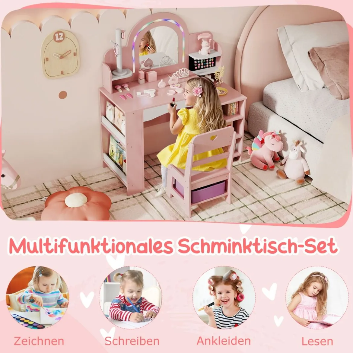 Kinderschminktisch mit Stuhl Spiegel & Beleuchtung Frisiertisch mit offenen Regalen Rosa