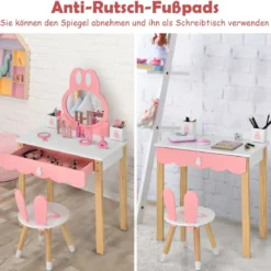Kinder Schminktisch Schminkkommode mit Hocker Frisiertisch mit Spiegel 60 x 34 x 103 cm Rosa