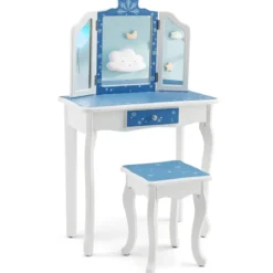 Kinder Schminktisch Set mit Dreifach Klappbarem Spiegel & Abnehmbarer Platte Blau