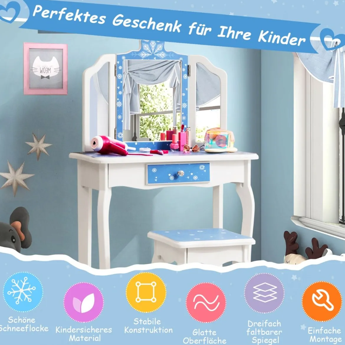 Kinder Schminktisch Set mit Dreifach Klappbarem Spiegel & Abnehmbarer Platte Blau