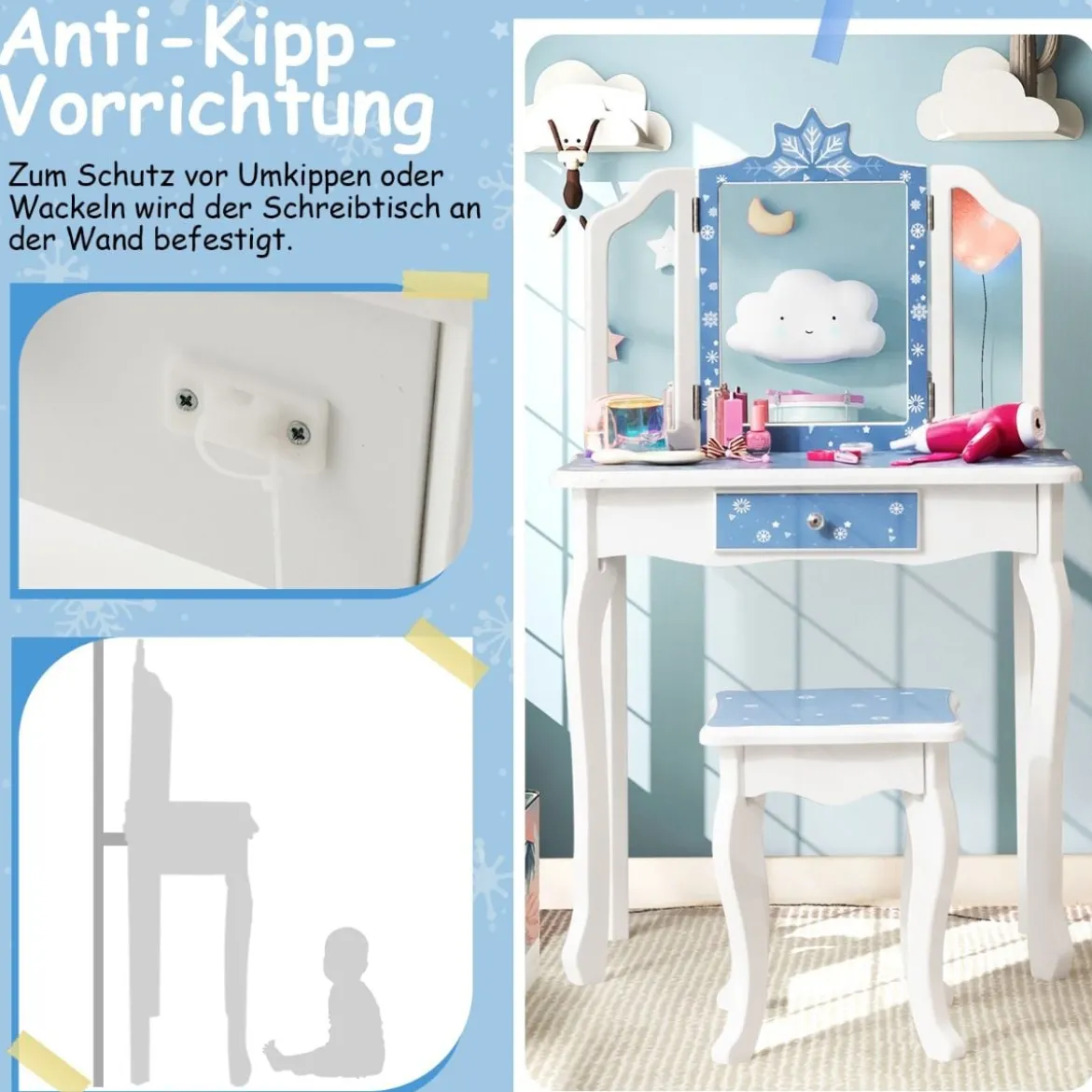 Kinder Schminktisch Set mit Dreifach Klappbarem Spiegel & Abnehmbarer Platte Blau