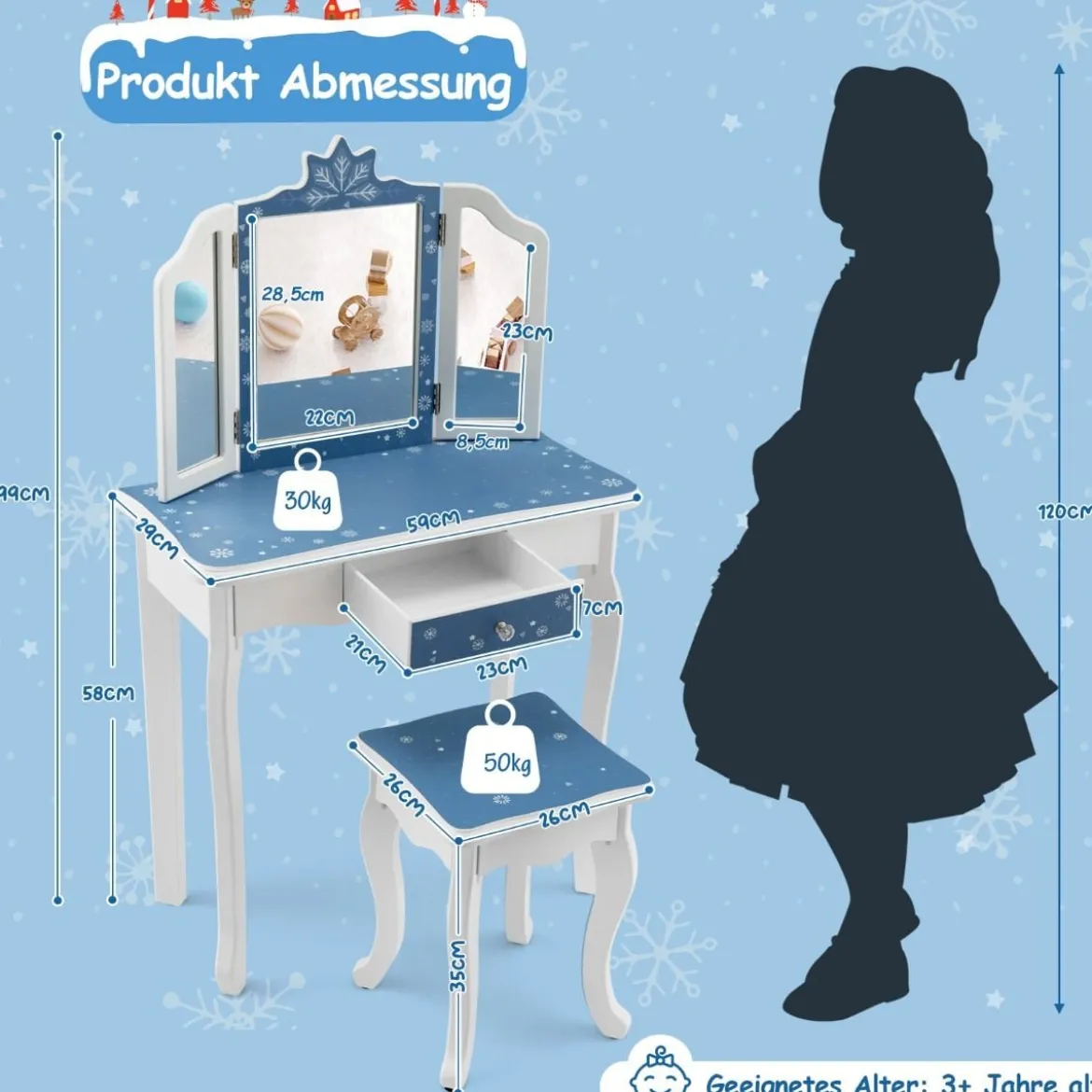 Kinder Schminktisch Set mit Dreifach Klappbarem Spiegel & Abnehmbarer Platte Blau
