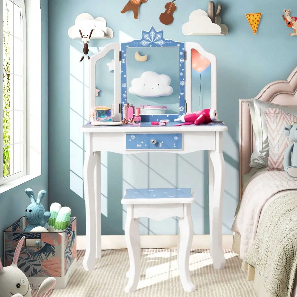Kinder Schminktisch Set mit Dreifach Klappbarem Spiegel & Abnehmbarer Platte Blau