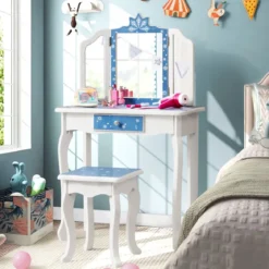 Kinder Schminktisch Set mit Dreifach Klappbarem Spiegel & Abnehmbarer Platte Blau