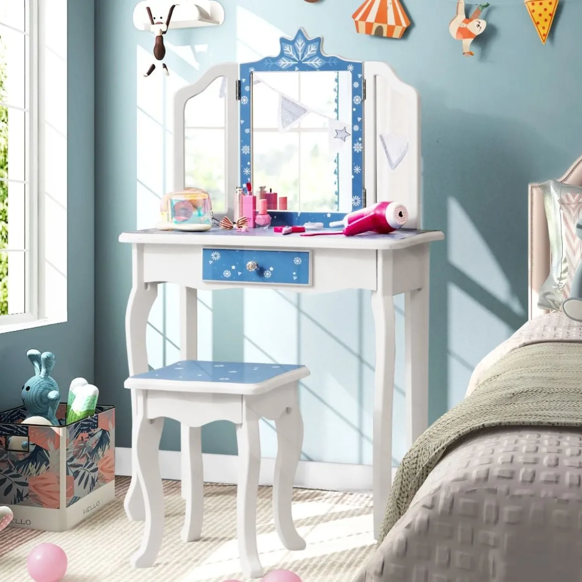 Kinder Schminktisch Set mit Dreifach Klappbarem Spiegel & Abnehmbarer Platte Blau