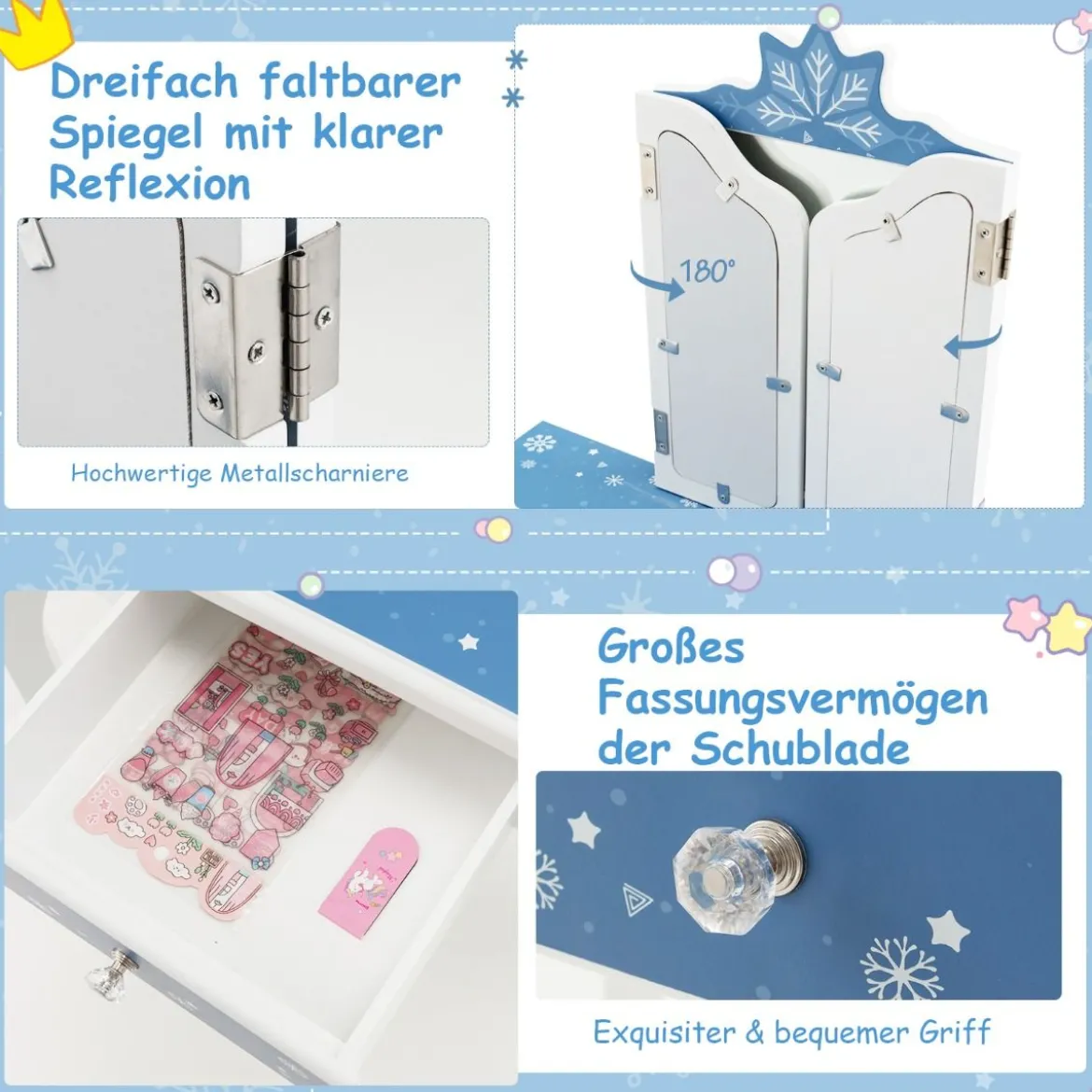 Kinder Schminktisch Set mit Dreifach Klappbarem Spiegel & Abnehmbarer Platte Blau