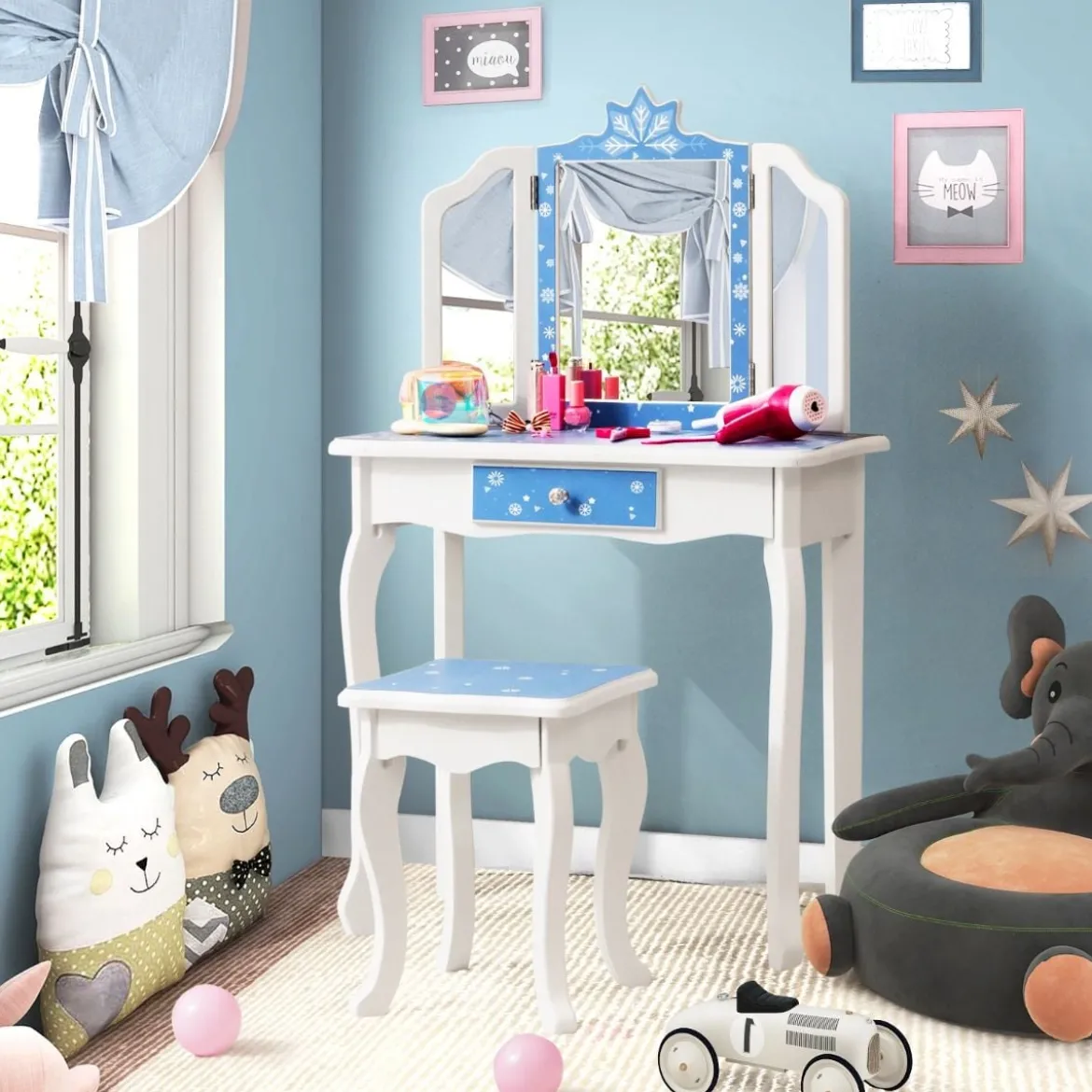 Kinder Schminktisch Set mit Dreifach Klappbarem Spiegel & Abnehmbarer Platte Blau