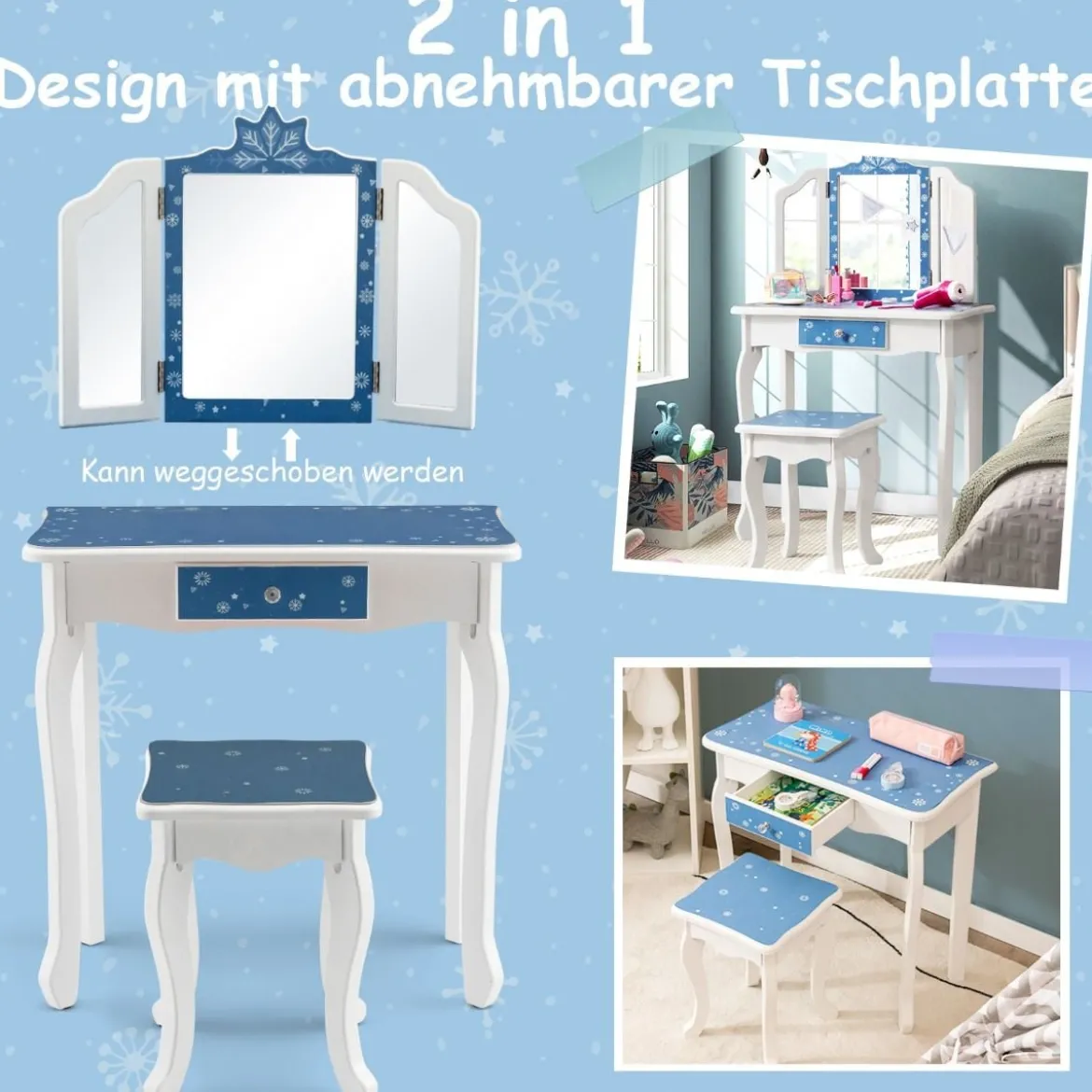 Kinder Schminktisch Set mit Dreifach Klappbarem Spiegel & Abnehmbarer Platte Blau