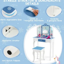 Kinder Schminktisch Set mit Dreifach Klappbarem Spiegel & Abnehmbarer Platte Blau