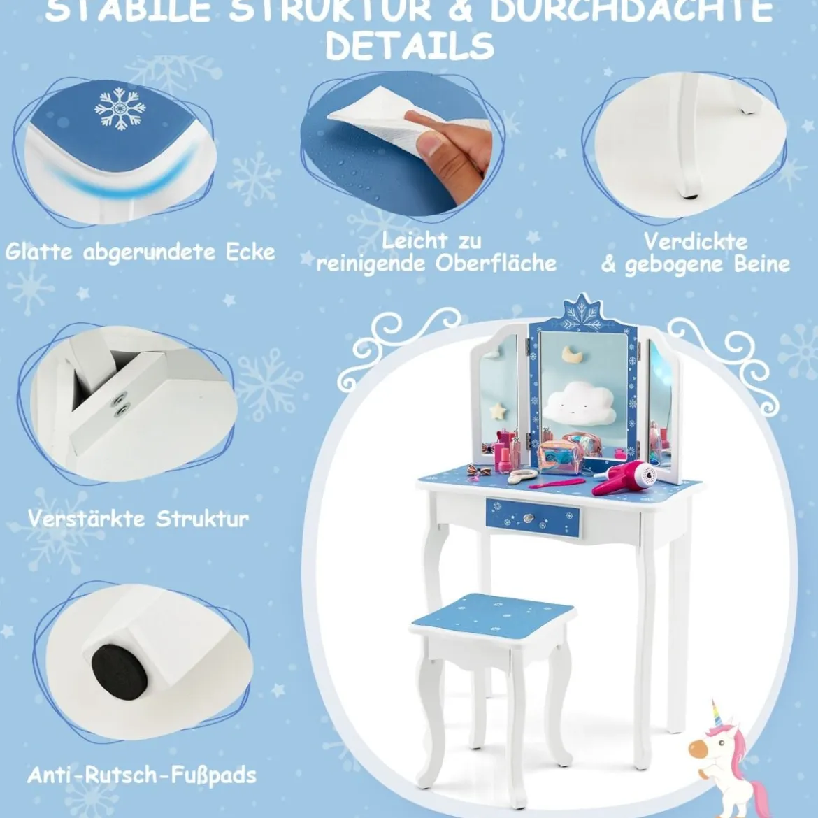 Kinder Schminktisch Set mit Dreifach Klappbarem Spiegel & Abnehmbarer Platte Blau