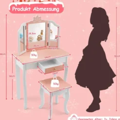 Kinder Schminktisch Set mit Dreifach Klappbarem Spiegel & Abnehmbarer Platte Rosa