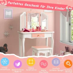 Kinder Schminktisch Set mit Dreifach Klappbarem Spiegel & Abnehmbarer Platte Rosa