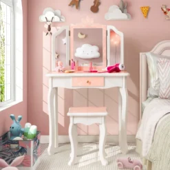 Kinder Schminktisch Set mit Dreifach Klappbarem Spiegel & Abnehmbarer Platte Rosa
