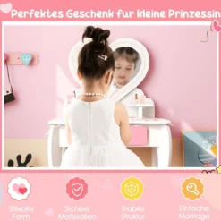Kinder Schminktisch Set mit ♡Herzförmigem Spiegel & Hocker & Schublade & Zubehör