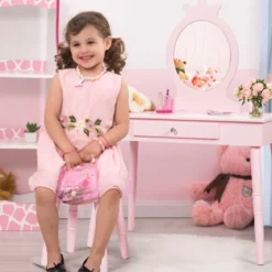 Kinder Schminktisch-Set mit Hocker & Abnehmbarem Spiegel Make-up Tisch Rosa
