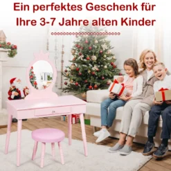 Kinder Schminktisch-Set mit Hocker & Abnehmbarem Spiegel Make-up Tisch Rosa