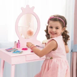 Kinder Schminktisch-Set mit Hocker & Abnehmbarem Spiegel Make-up Tisch Rosa