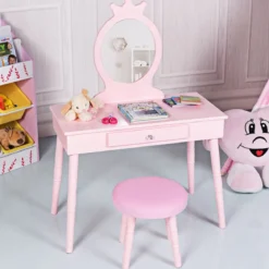 Kinder Schminktisch-Set mit Hocker & Abnehmbarem Spiegel Make-up Tisch Rosa