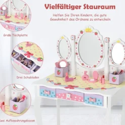 Kinderschminktisch Set Prinzessin Frisiertisch mit Klappbarem Spiegel 70 x 34 x 105 cm Weiß