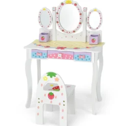 Kinderschminktisch Set Prinzessin Frisiertisch mit Klappbarem Spiegel 70 x 34 x 105 cm Weiß