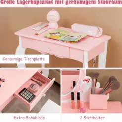 Kinder-Schminktisch und Hocker aus Holz mit Spiegel Schublade 62 x 32 x 93 cm Rosa + Weiß