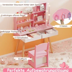 Kinderschminktisch- und Stuhl-Set Frisiertisch mit Spiegel mit 3-Farbbeleuchtung einstellbare Helligkeit Rosa