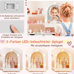 Kinderschminktisch- und Stuhl-Set Frisiertisch mit Spiegel mit 3-Farbbeleuchtung einstellbare Helligkeit Weiß