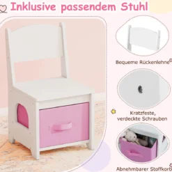Kinderschminktisch- und Stuhl-Set Frisiertisch mit Spiegel mit 3-Farbbeleuchtung einstellbare Helligkeit Weiß