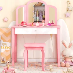 Kinder Schminktisch- und Stuhl-Set Schminktisch-Set mit Klappbarem Spiegel & Schublade Rosa + Weiß