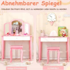 Kinder Schminktisch- und Stuhl-Set Schminktisch-Set mit Klappbarem Spiegel & Schublade Rosa + Weiß