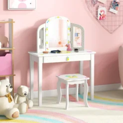 Kinder Schminktisch und Stuhl Set Kinder Frisiertisch mit Dreifach Klappbarem Spiegel Weiß