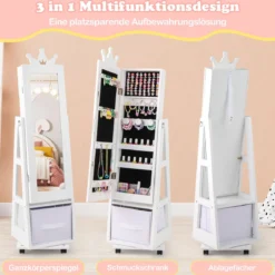 Kinder Schmuckschrank 3 in 1 Spiegelschrank 360°drehbarSchmuckregal mit Ganzkörperspiegel Weiß
