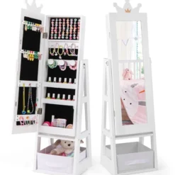 Kinder Schmuckschrank 3 in 1 Spiegelschrank neigbar mit Ganzkörperspiegel Weiß/Rosa