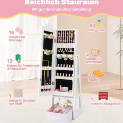 Kinder Schmuckschrank 3 in 1 Spiegelschrank neigbar mit Ganzkörperspiegel Weiß/Rosa
