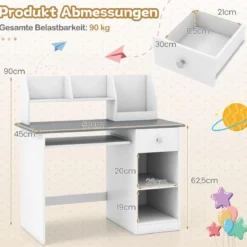 Kinderschreibtisch aus Holz mit Ablage & Bücherregal & Tastaturablage & Schublade Grau