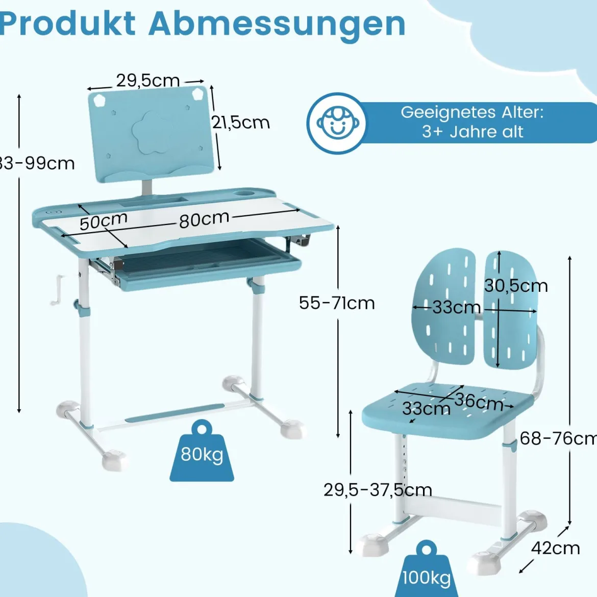 Kinder Schreibtisch mit Stuhl Höhenverstellbarer Kinderschreibtisch mit Neigbarer Tischplatte Blau