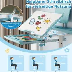Kinder Schreibtisch mit Stuhl Höhenverstellbarer Kinderschreibtisch mit Neigbarer Tischplatte Blau