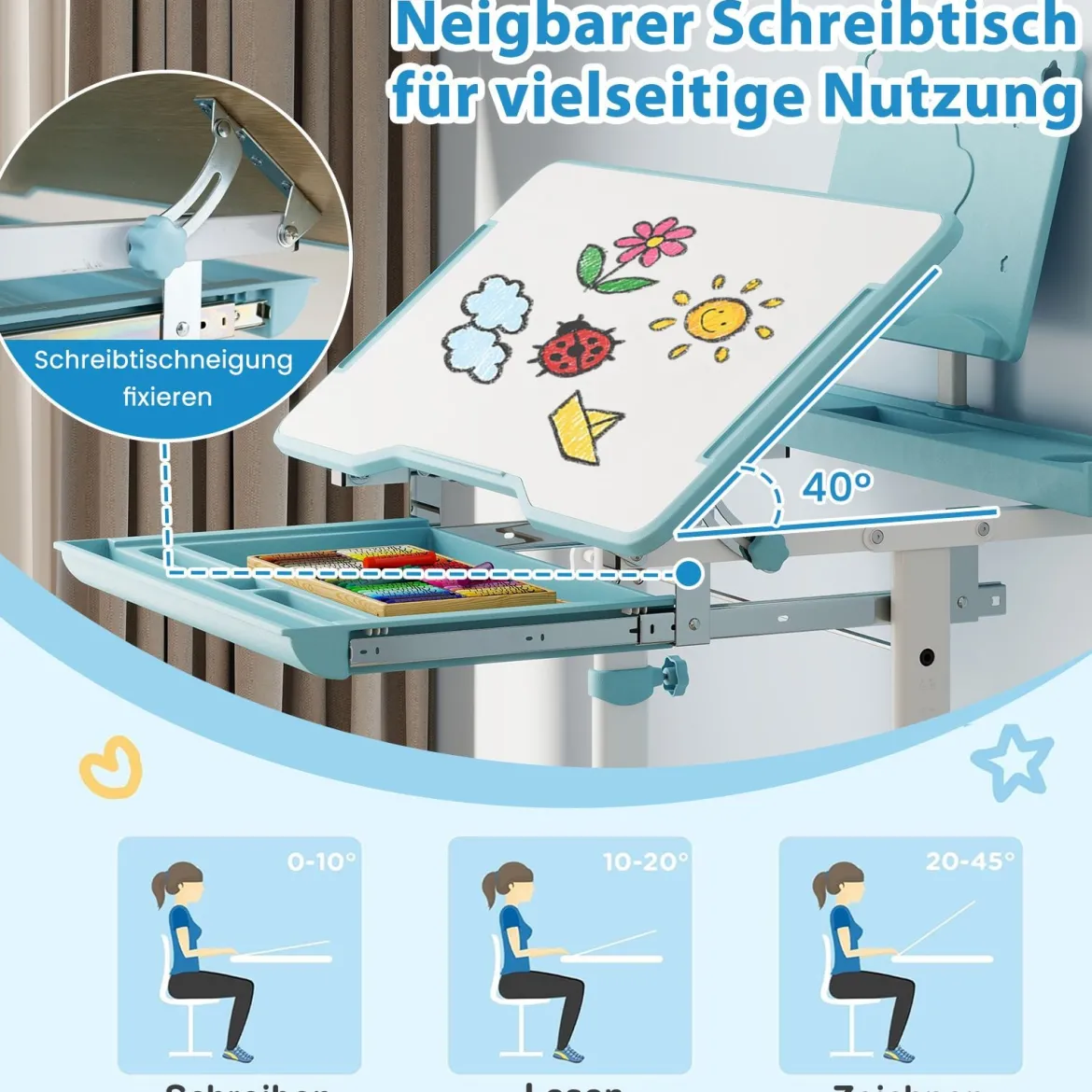 Kinder Schreibtisch mit Stuhl Höhenverstellbarer Kinderschreibtisch mit Neigbarer Tischplatte Blau