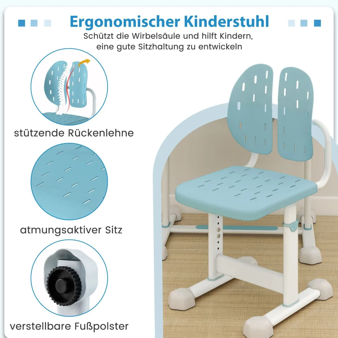 Kinder Schreibtisch mit Stuhl Höhenverstellbarer Kinderschreibtisch mit Neigbarer Tischplatte Blau