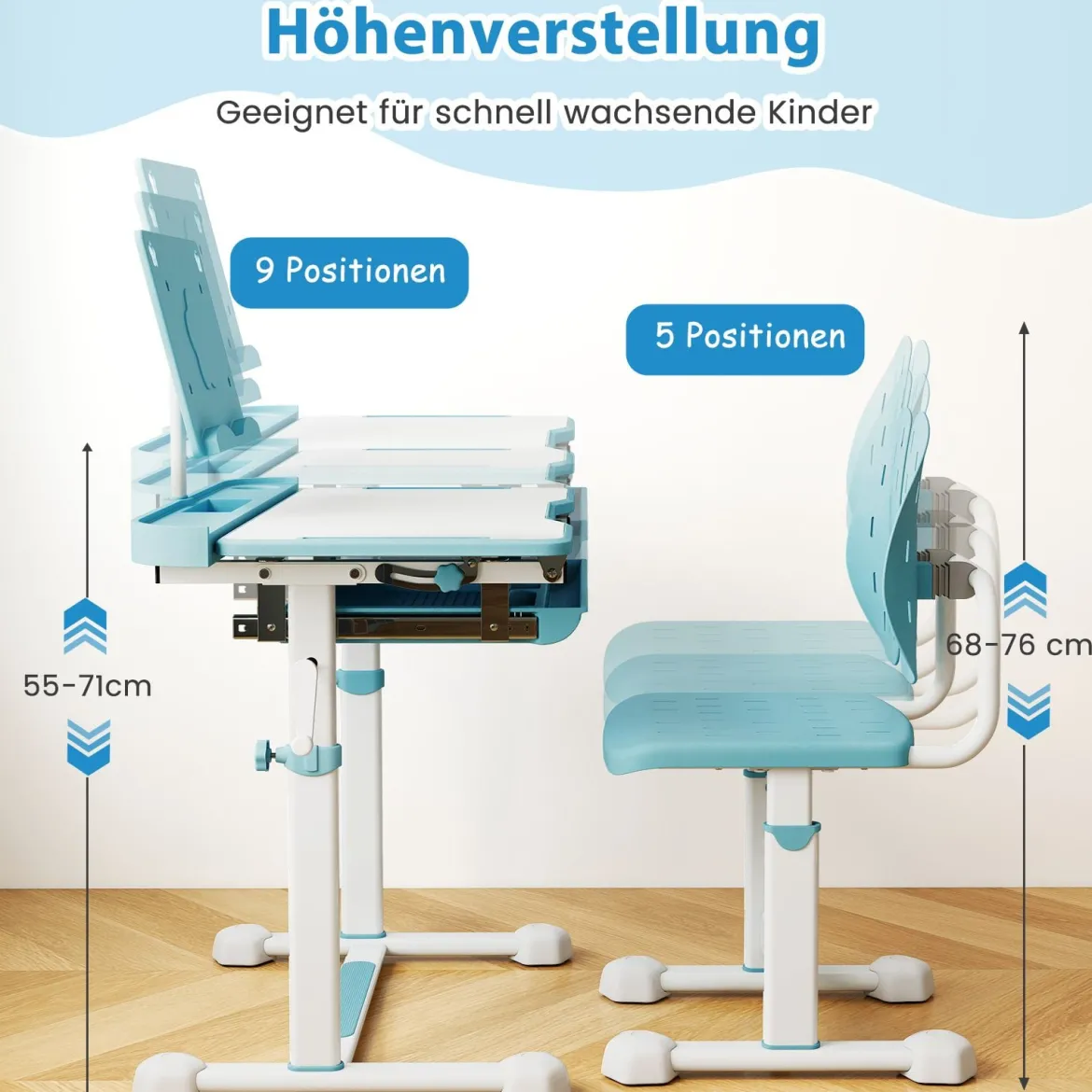 Kinder Schreibtisch mit Stuhl Höhenverstellbarer Kinderschreibtisch mit Neigbarer Tischplatte Blau